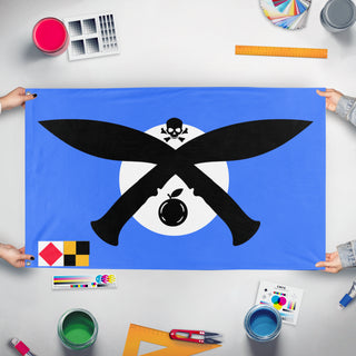 A mockup of the custom flag 'florida pirate flag' held up on a table during print checking