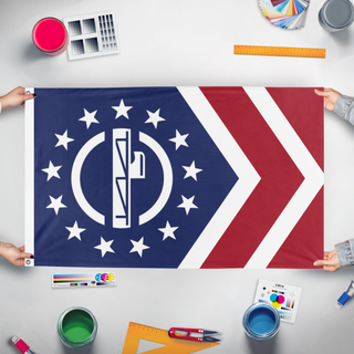 A mockup of the custom flag 'Patriot Front flag' held up on a table during print checking
