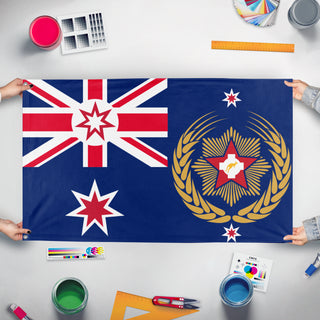 A mockup of the custom flag 'NSW flag' held up on a table during print checking