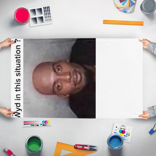 A mockup of the custom flag 'wyd in this situation flag' held up on a table during print checking