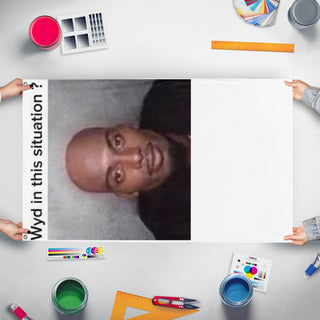 A mockup of the custom flag 'wyd in this situation flag' held up on a table during print checking