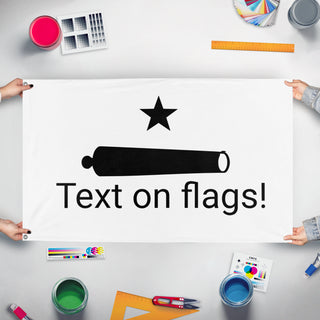 A mockup of the custom flag 'Test  flag' held up on a table during print checking