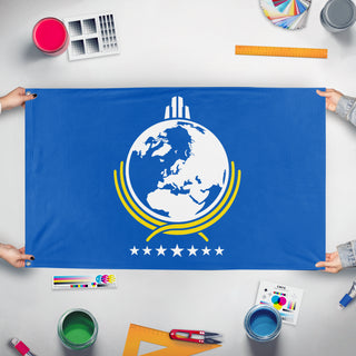 A mockup of the custom flag 'Super Earth - More Variants flag' held up on a table during print checking