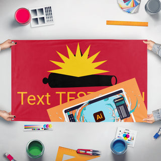 A mockup of the custom flag 'T flag' held up on a table during print checking