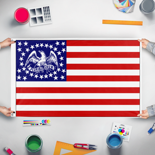 A mockup of the custom flag 'e pluribus unum flag' held up on a table during print checking