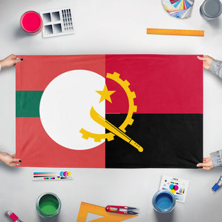 A mockup of the custom flag 'T flag' held up on a table during print checking