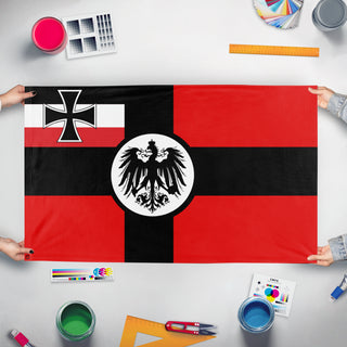 A mockup of the custom flag 't flag' held up on a table during print checking