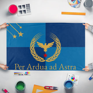 A mockup of the custom flag 'Karelian Ascendancy flag' held up on a table during print checking