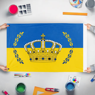 A mockup of the custom flag 'Golden Dynasty flag' held up on a table during print checking
