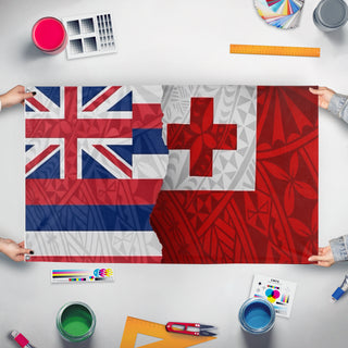 A mockup of the custom flag 'Lavinia flag' held up on a table during print checking