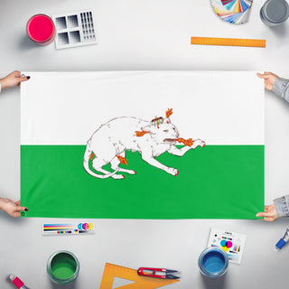 A mockup of the custom flag 'OurGloriousStyrianPanther flag' held up on a table during print checking