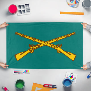 A mockup of the custom flag 'US Army Infantry Branch flag' held up on a table during print checking