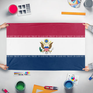 A mockup of the custom flag 'American Flag in the Style of Iran flag' held up on a table during print checking