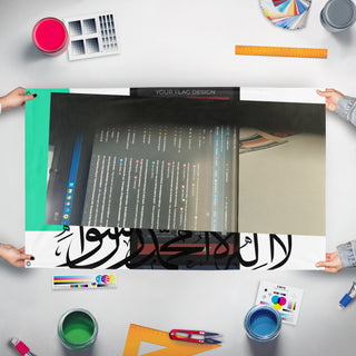 A mockup of the custom flag 't flag' held up on a table during print checking