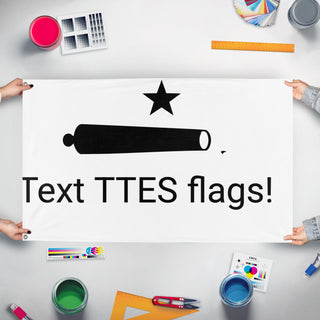 A mockup of the custom flag 'T flag' held up on a table during print checking