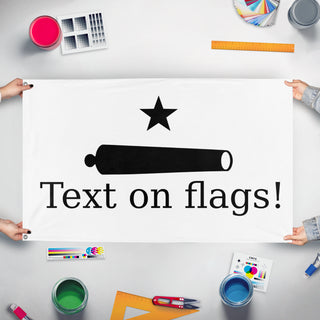 A mockup of the custom flag 't  flag' held up on a table during print checking