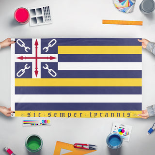 A mockup of the custom flag 'Virginia New Standard flag' held up on a table during print checking