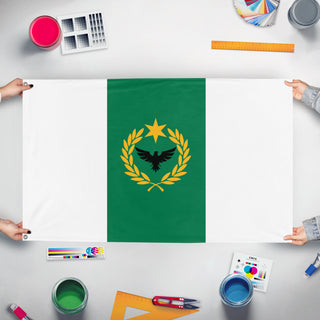 A mockup of the custom flag 'Freedom flag' held up on a table during print checking
