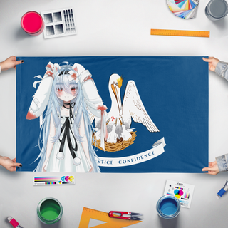 A mockup of the custom flag 'Louisiane Parasi flag' held up on a table during print checking