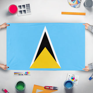 A mockup of the custom flag 'Saint lucia flag' held up on a table during print checking