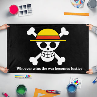 A mockup of the custom flag 'Custom Request flag' held up on a table during print checking