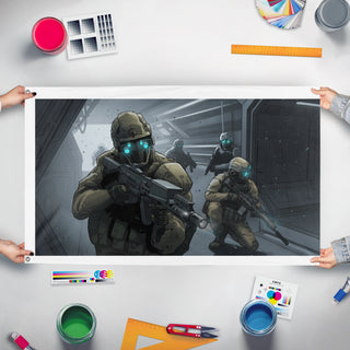 A mockup of the custom flag 'T flag' held up on a table during print checking