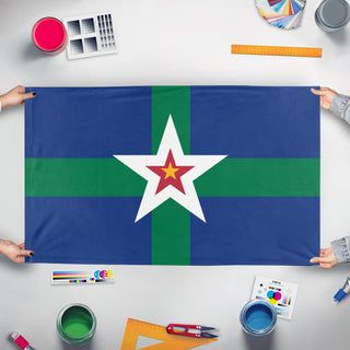 A mockup of the custom flag 'British Lucian island flag' held up on a table during print checking