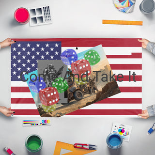 A mockup of the custom flag 'T flag' held up on a table during print checking