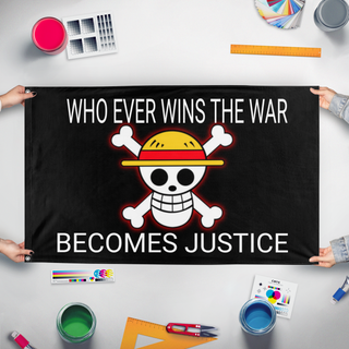 A mockup of the custom flag 'One piece flag' held up on a table during print checking