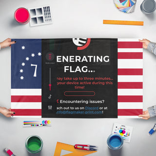 A mockup of the custom flag 't flag' held up on a table during print checking