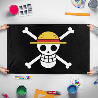 A mockup of the custom flag 'Straw Hat Protest flag' held up on a table during print checking