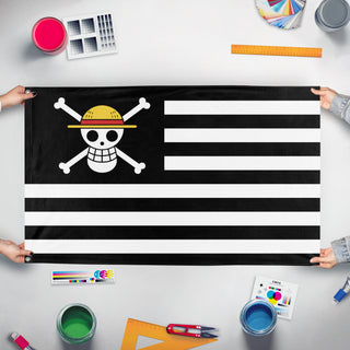 A mockup of the custom flag 'American one Piece flag' held up on a table during print checking