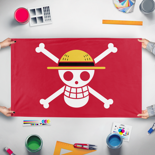 A mockup of the custom flag 'Red One Piece Protest flag' held up on a table during print checking