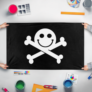 A mockup of the custom flag 'Defcon flag' held up on a table during print checking