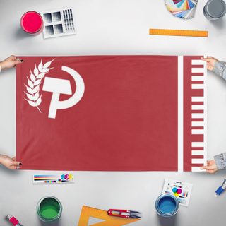 A mockup of the custom flag 'Socialistic Union of America flag' held up on a table during print checking