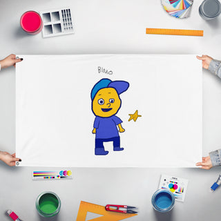 A mockup of the custom flag 'tuff flag' held up on a table during print checking