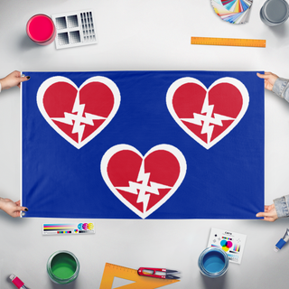 A mockup of the custom flag 'Futurist South flag' held up on a table during print checking