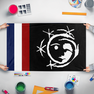 A mockup of the custom flag 'French Surrealist Commune flag' held up on a table during print checking