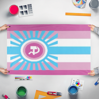 A mockup of the custom flag 'Boykossia  flag' held up on a table during print checking