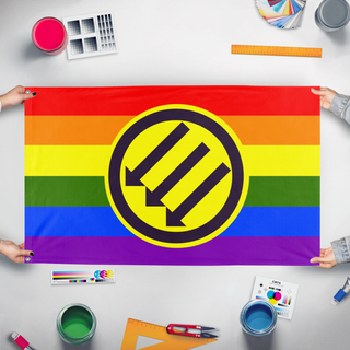 A mockup of the custom flag 'Iron Front Pride flag' held up on a table during print checking