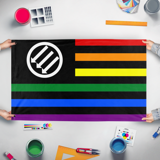 A mockup of the custom flag 'American Iron Front flag' held up on a table during print checking