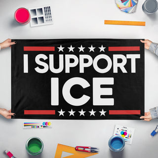 A mockup of the custom flag 'ICE Support Flag' held up on a table during print checking