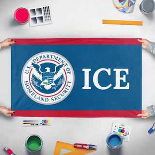 A mockup of the custom flag 'ICE flag' held up on a table during print checking