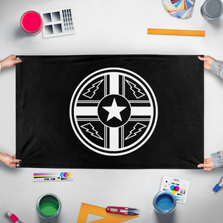 A mockup of the custom flag 'Ruthenian Southern Resistance flag' held up on a table during print checking