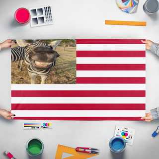 A mockup of the custom flag 'Bemland flag' held up on a table during print checking