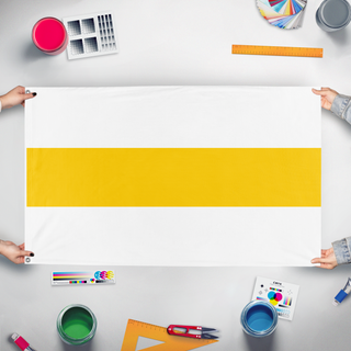 A mockup of the custom flag 'Flag of Ententia' held up on a table during print checking
