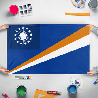 A mockup of the custom flag 'American Protectorate of Marshall Island  flag' held up on a table during print checking