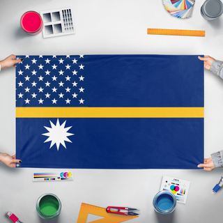 A mockup of the custom flag 'American  Colony of Nauru flag' held up on a table during print checking