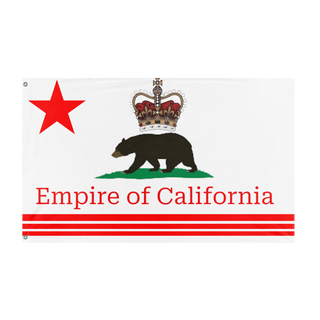 A mockup of the custom flag 'Empire of California  flag' held up on a table during print checking