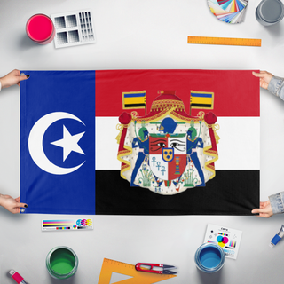 A mockup of the custom flag 'French Egypt flag' held up on a table during print checking